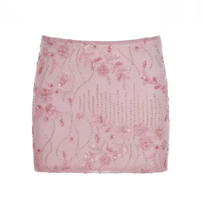 Jupe courte en maille à paillettes et perles pour femmes, jupe douce et épicée