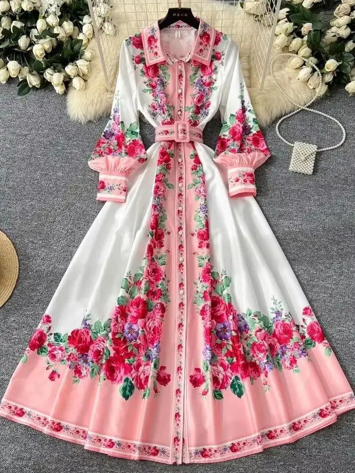 Robe maxi bohème à manches longues lanterne pour femmes