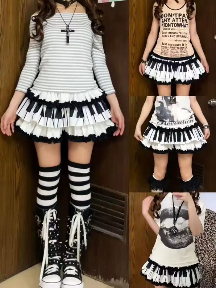 Mini-jupe Y2K imprimée noir et blanc pour femme