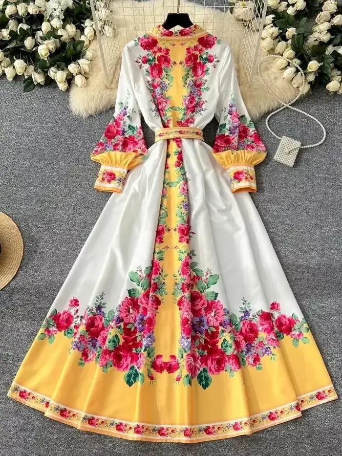 Robe maxi bohème à manches longues lanterne pour femmes