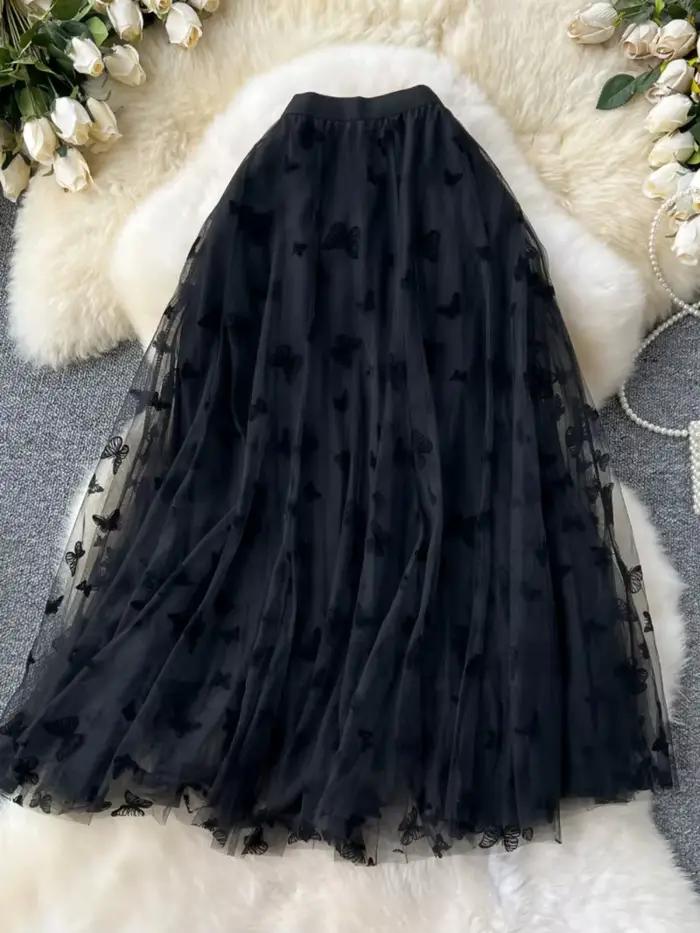 Jupe élégante pour femme, taille haute, coupe trapèze, brodée, en résille, style féerique, amincissante, couvrant les hanches, longueur midi 2026