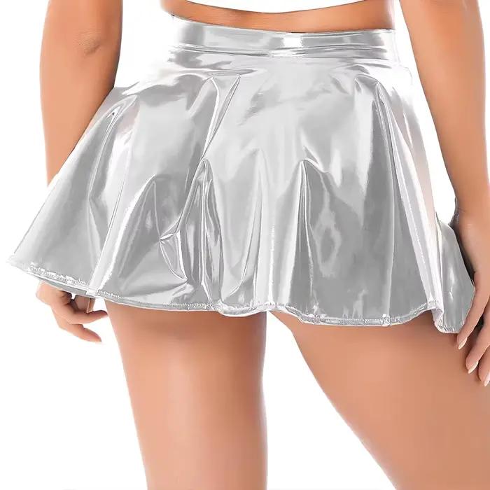 Jupe plissée en cuir verni PVC pour femme, jupe évasée brillante style patineuse, mini-jupe avec fermeture éclair pour soirée, club, cosplay