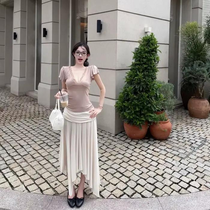 Jupe mi-longue en tulle multicouche style coréen Audrey Tianli pour femme – Jupe amincissante décontractée pour l'été – Tendance estivale