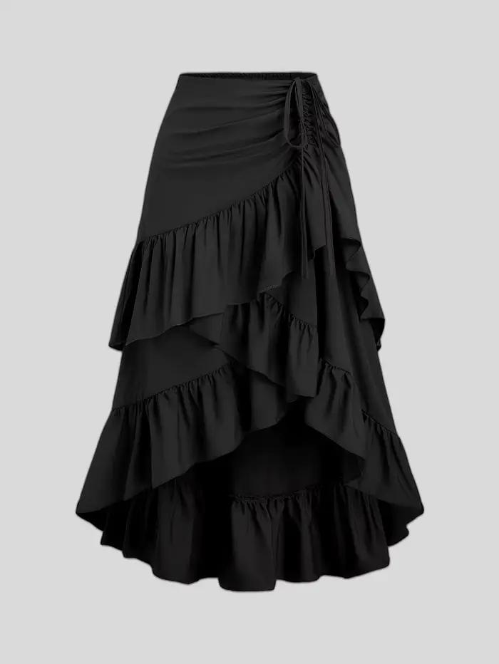 Jupe midi asymétrique noire à volants multicouches