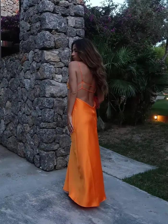 Robe Longue Plissée à Lacets pour Femme, Camisole, Coupe Cintrée, Élégante, Couleur Unie, Mode, Épissure, Chic, Vacances, Plage