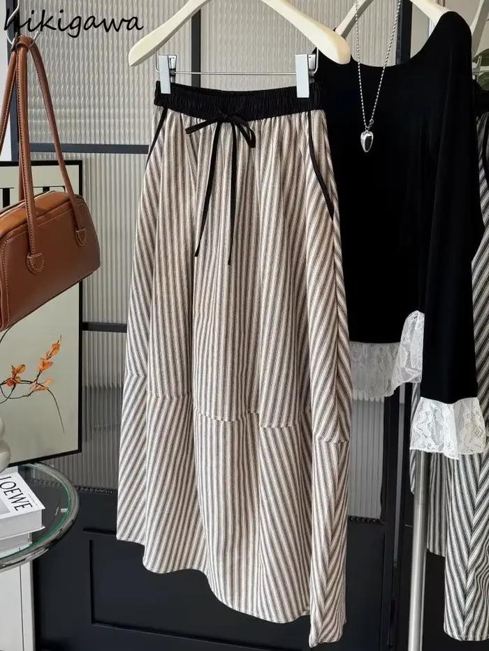 Vintage rayé jupes pour femmes élastique taille haute coupe ajustée Jupe 2025 Faldas Mujer De Moda ample été Saia