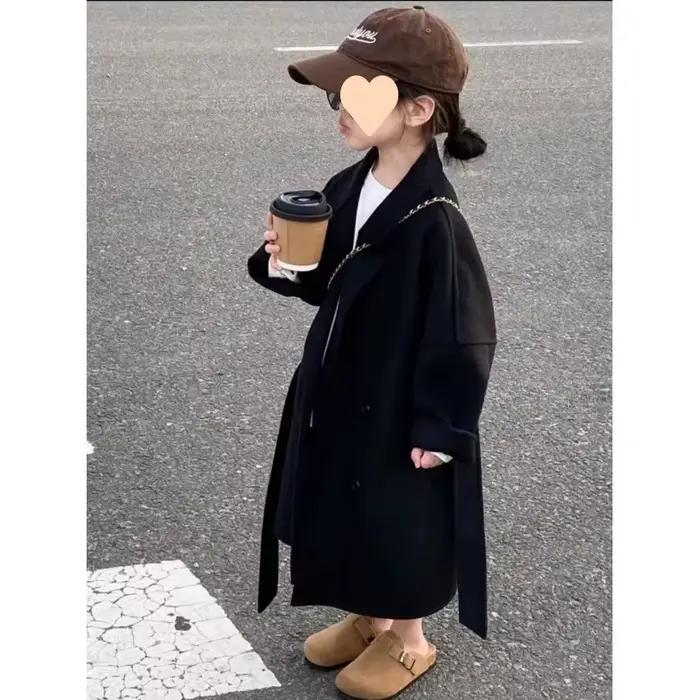 Manteau en laine mi-long pour enfants, manteau simple, noir, style français, garçon, fille, printemps, automne