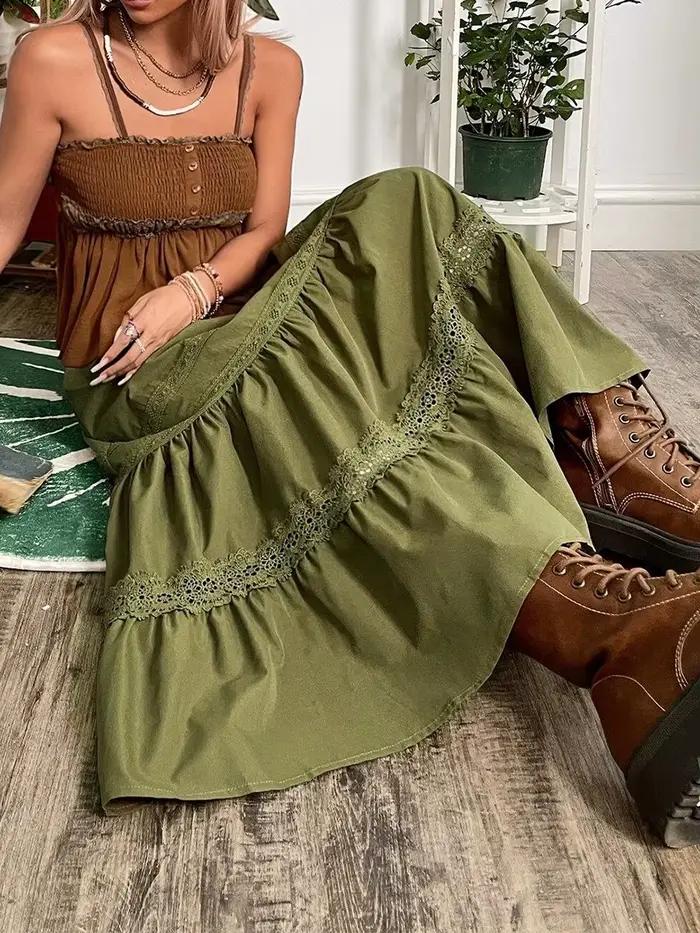 Jupe longue en dentelle vintage pour femme, vert militaire, noir, été