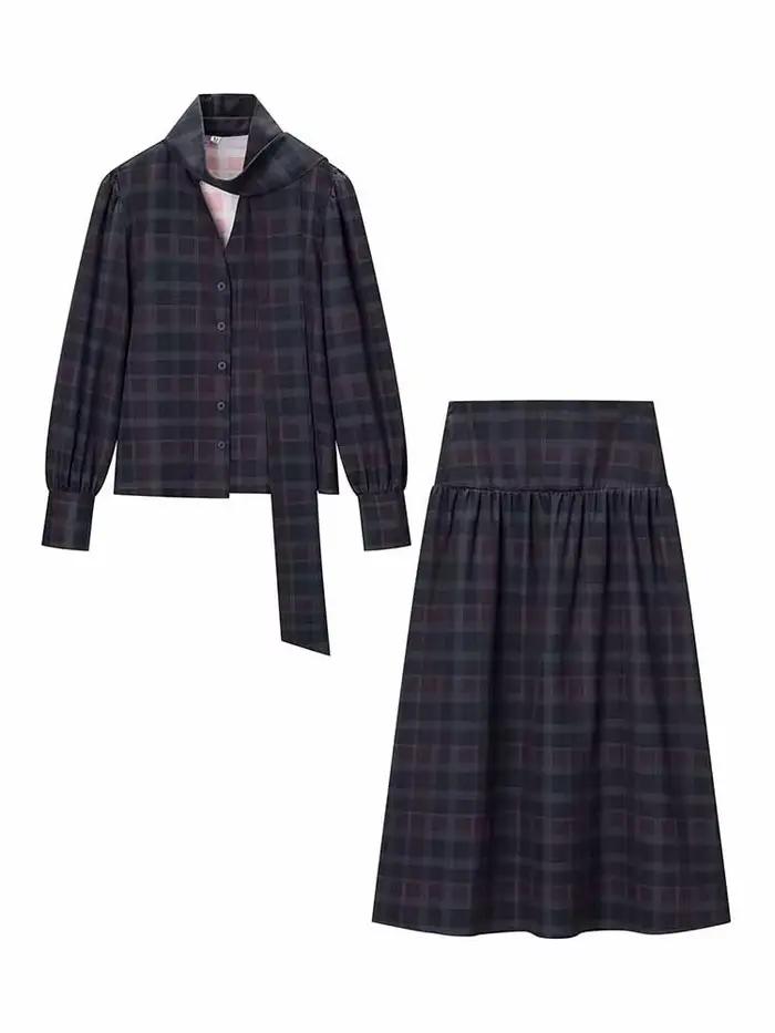 HH femme jupe costume mode Plaid manches longues simple boutonnage col en V chemise hauts + Chic taille haute fermeture