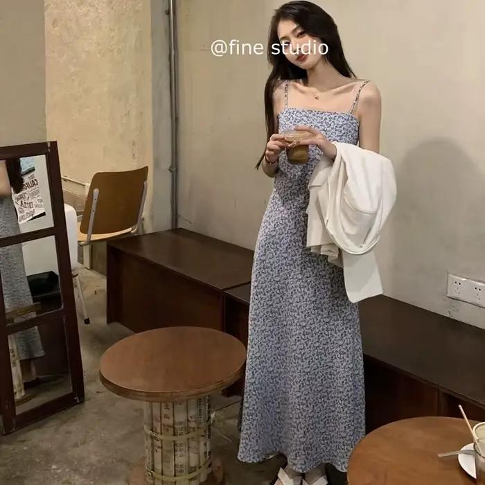 Robe longue d'été pour femme, robe à fleurs bleue, style français, robe vintage pour les vacances