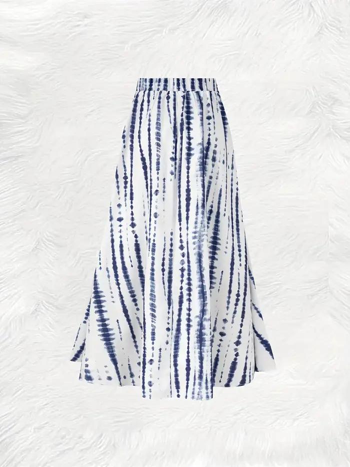 Jupe mi-longue décontractée pour femme, imprimé bleu encre, taille haute, coupe trapèze, plissée, taille élastique, pour l'été et le bureau