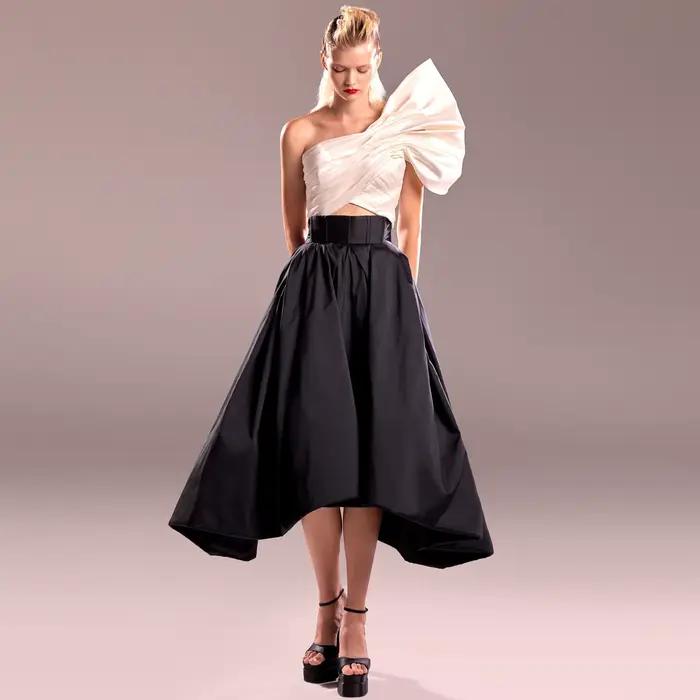Jupe Mi-Longue Noire de Haute Qualité pour Femme, Tenue de Soirée Plissée en Taffetas, sur Mesure