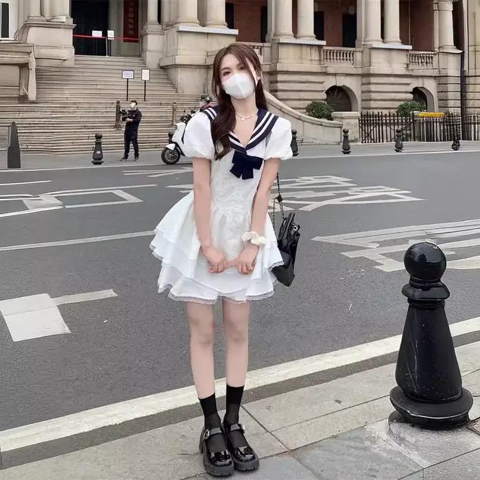 Robe d'été à col bleu marine pour femmes