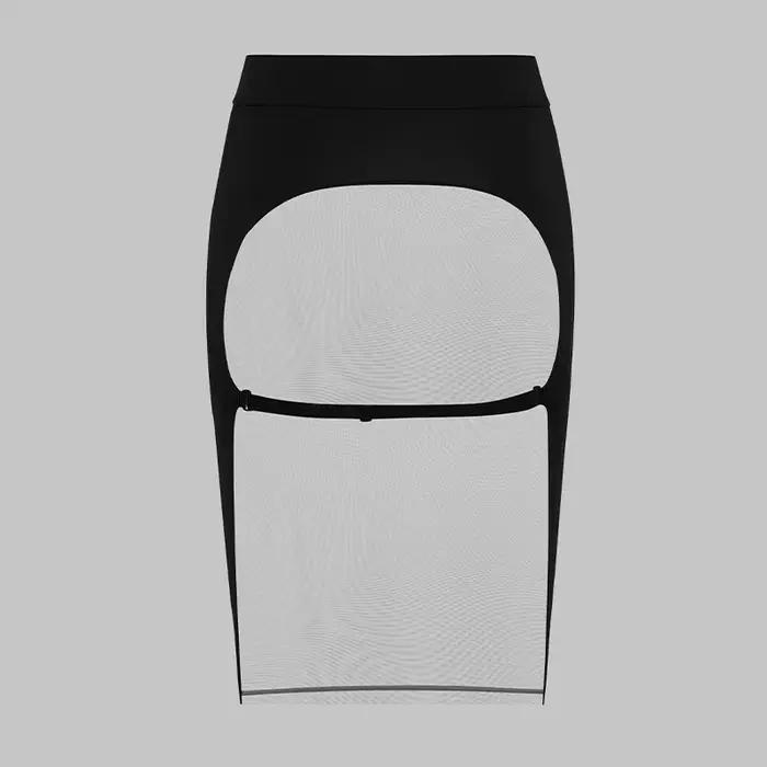 Jupe crayon moulante mi-longue en maille transparente patchwork pour femme avec bretelles réglables