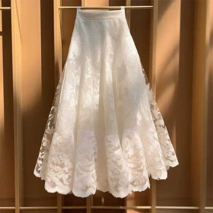 Vintage élégant blanc a-ligne jupes douce dentelle maille jupe pour femmes taille haute ample mi-longue Faldas Mujer Moda 2026