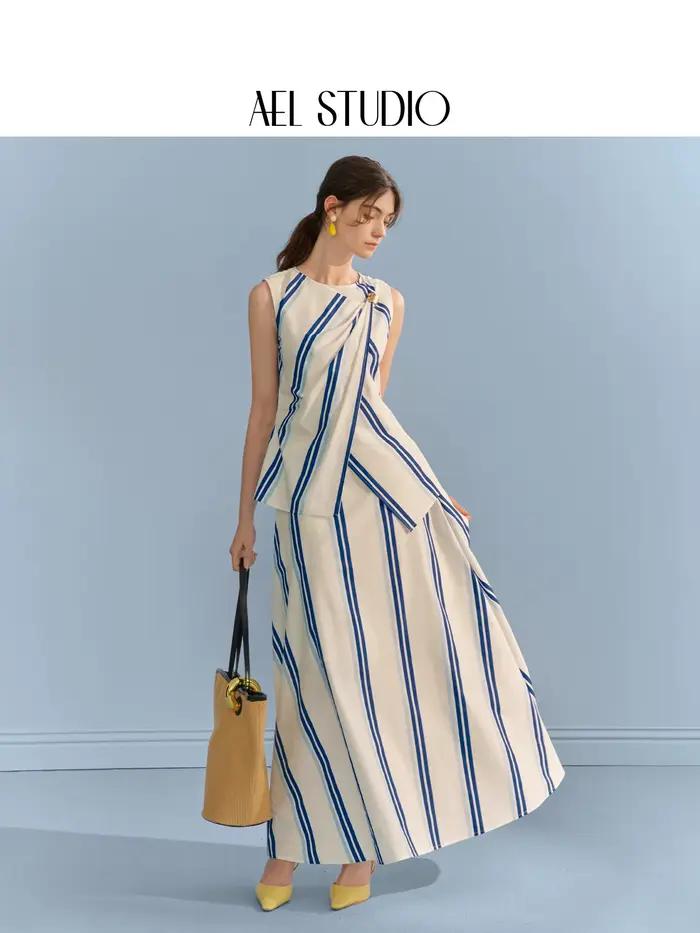 Ensemble jupe et haut sans manches rayé bleu et blanc AEL pour femme, style marin, jupe asymétrique en pur coton, idéal pour les vacances d'été