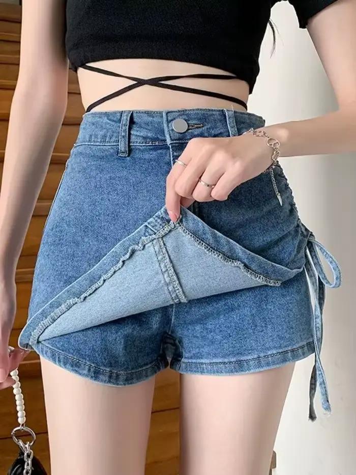 Jupe courte en jean taille haute coupe trapèze pour femme
