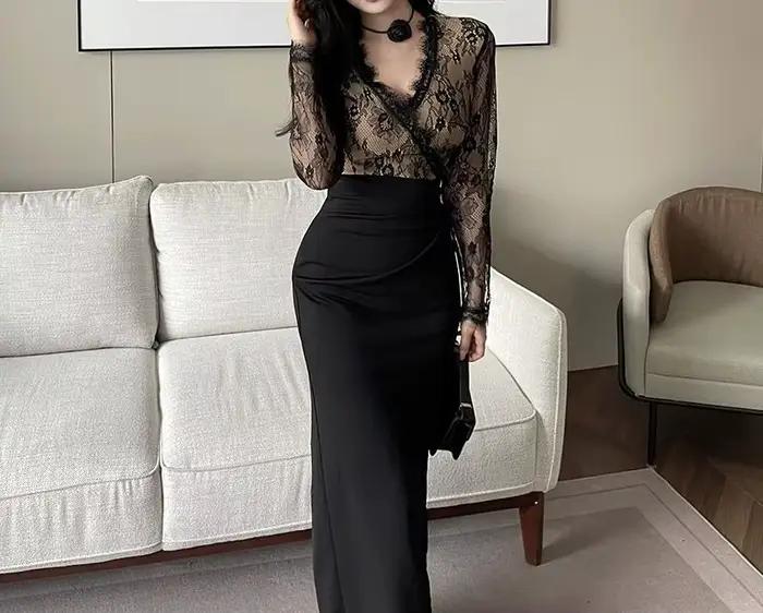 Robe noire en dentelle Patchwork à manches longues pour femmes