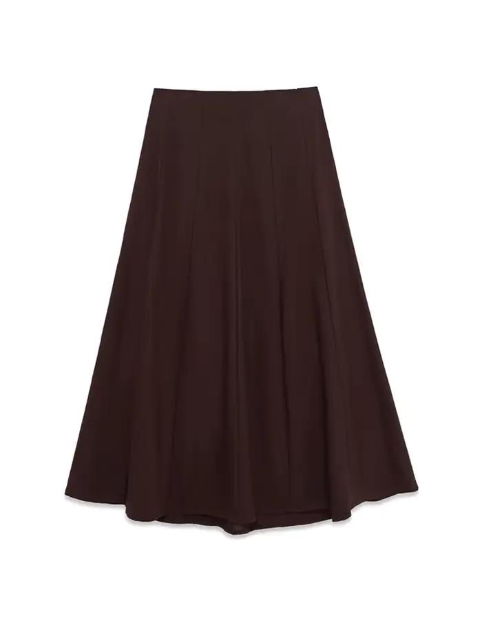 Jupe mi-longue plissée marron taille haute pour femmes, avec fermeture éclair latérale, pour une mode élégante