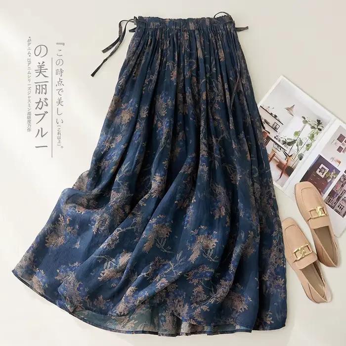 Jupe taille haute en coton et lin pour femmes