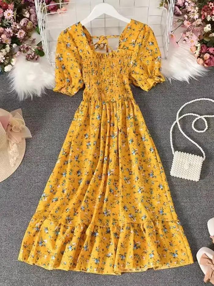 Robes plissées roses en mousseline de soie pour femmes, élégantes avec douces robes amincissantes taille haute d'inspiration française, robes longues de Style Vintage