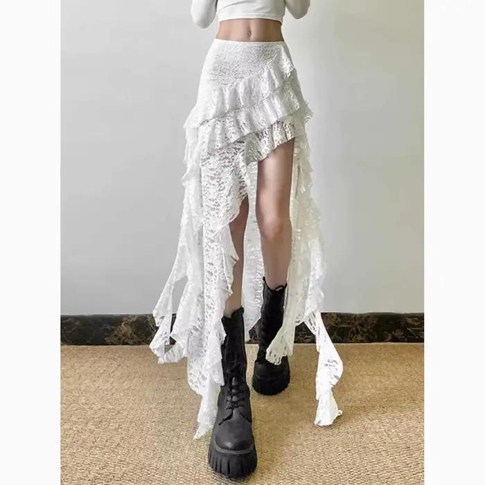 Jupe longue taille haute en dentelle douce blanche cousue à ourlet à volants pour femme