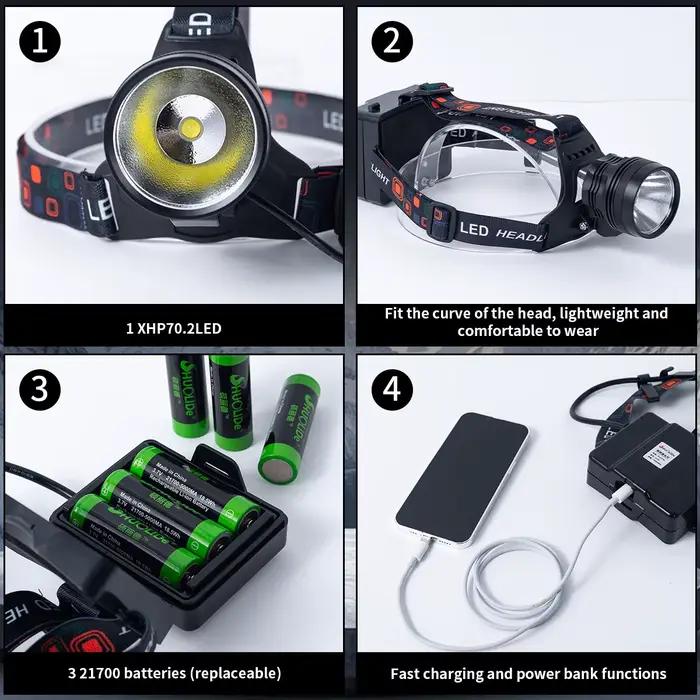 Lampe frontale super lumineuse à 3 piles 21700, puce LED P70.2, 4000 lumens, longue durée de vie de la batterie, lampe de poche pour exploration en montagne et activités de plein air