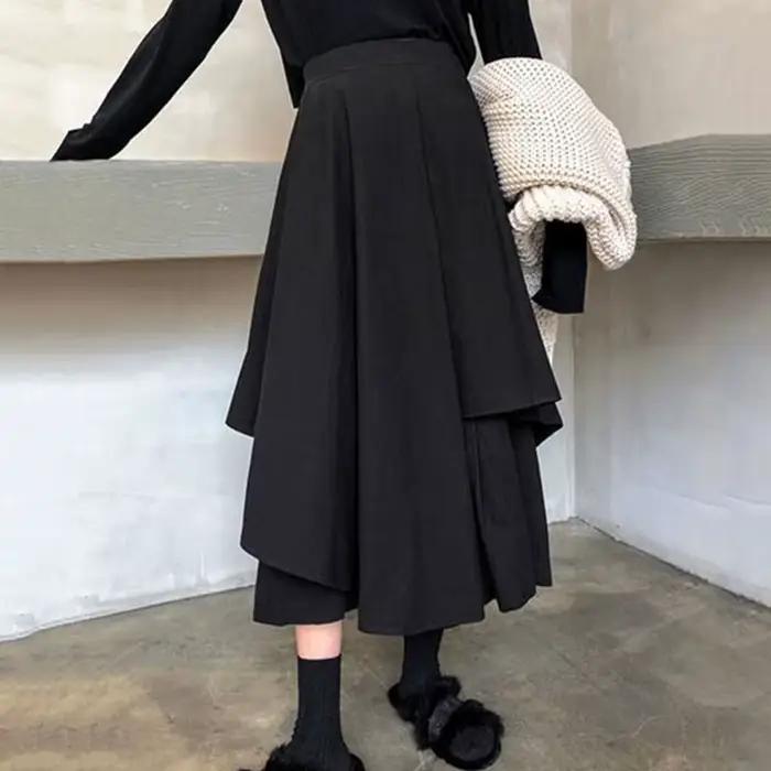 Femmes jupes noires japonais gothique irrégulière taille haute jupe plissée pantalon