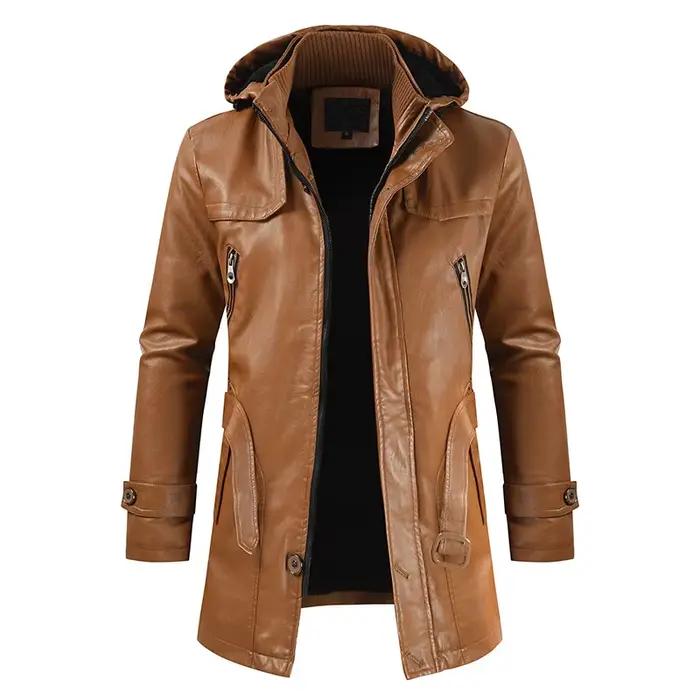 Blouson d'hiver en cuir PU homme, long et chaud, à capuche, à la mode