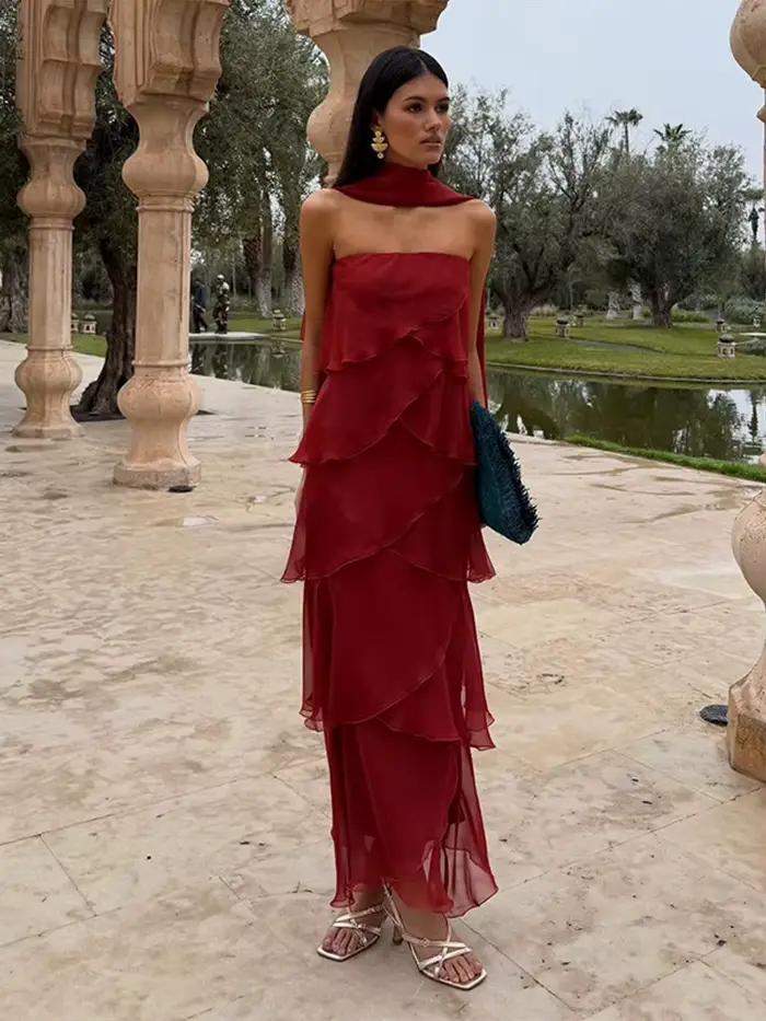 Robes longues sans bretelles à volants en cascade pour femmes