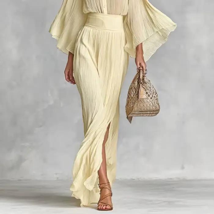 Ensemble jupe plissée abricot 2 pièces pour femmes, chemises légèrement transparentes à manches évasées, haut fendu, jupe longue, printemps été 2026 pour occasions semi-formelles et journées quotidiennes