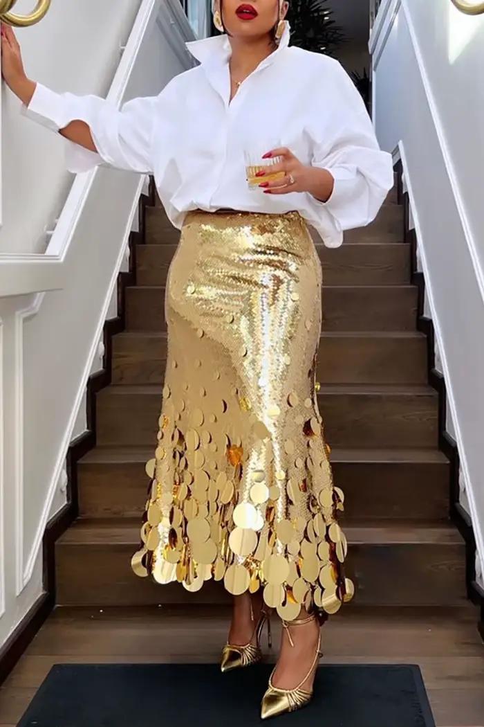 Grande taille femmes jupes formelles élégant or argent longue paillettes fête Club soirée