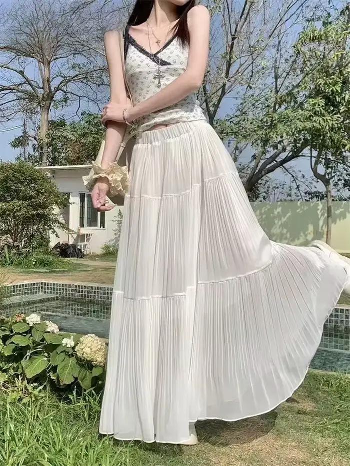 Nouvelle jupe plissée trapèze longue taille haute en gaze fine pour femme