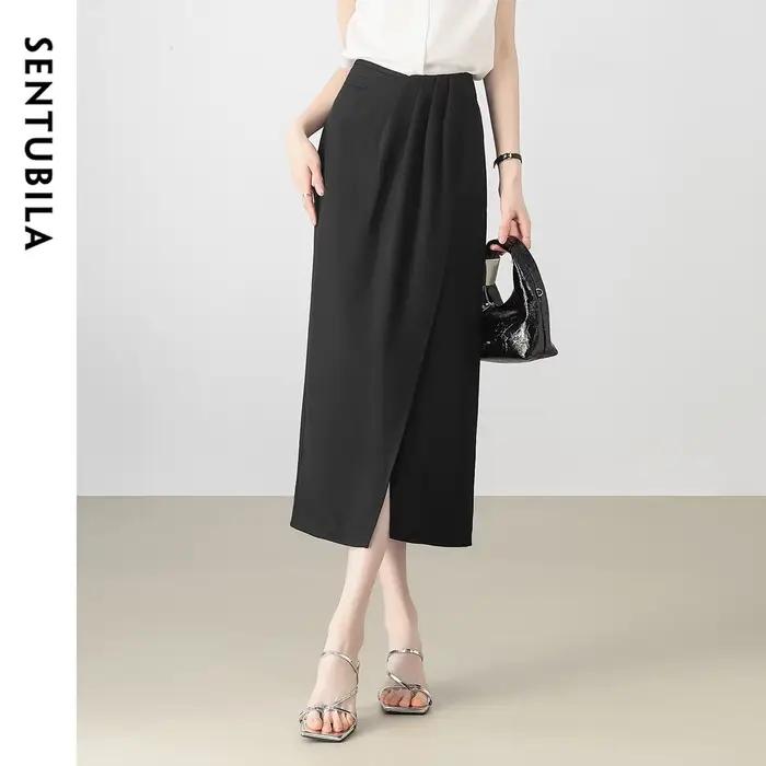 ‌ Jupe portefeuille noire SENTUBILA pour femme – Collection été 2026 – Élégante et tendance pour le bureau – Taille haute – Longueur midi – Vêtements féminins 152QE011