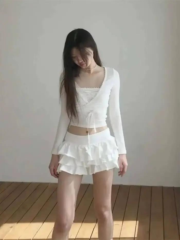 Jupe longue de ballet douce et épicée avec taille élastique et ourlet en dentelle, jupe évasée en forme de gâteau pour jeunes femmes 8PO5