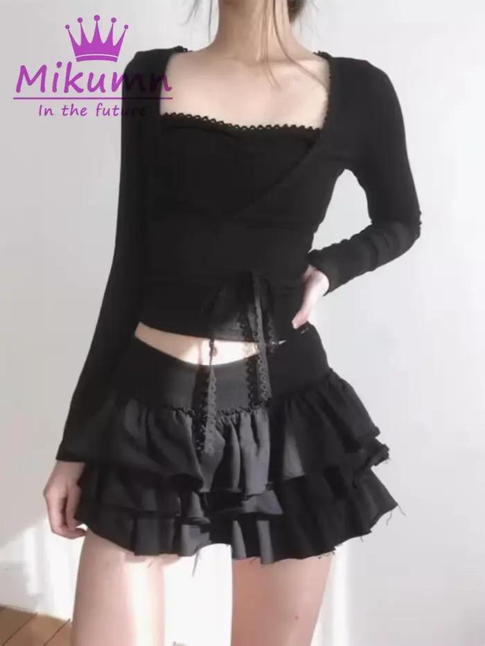 Mikumn-Mini jupe plissée à volants taille haute pour femmes, jupes de gâteau, mode coréenne, Harajuku, rétro, solide, document, mignon, Y2K