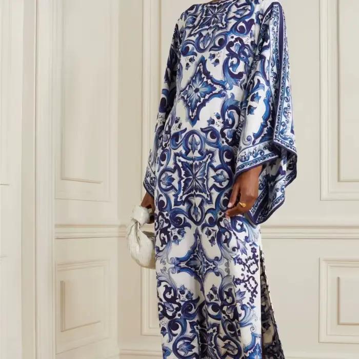 Jupe longue élégante à motif rétro imprimé pour femmes, tenue de soirée élégante, col rond, manches chauve-souris, ample, nouveau Style d'automne