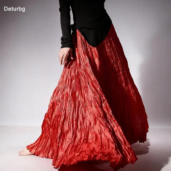 Jupe longue plissée fluide taille haute style flamant rose pour femme 2026