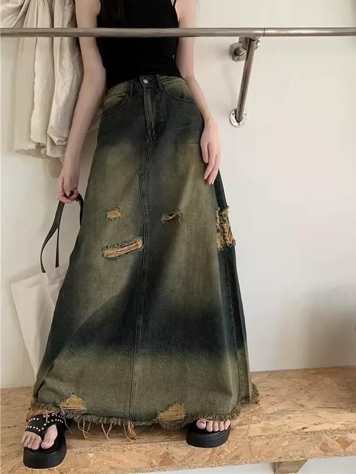 S-5XL Vintage Déchiré Trous Jeans Jupes Pompon Taille Haute Jupes sulfMaxi A-Line adt Casual Denim Jupe Streetwear 2024 Nouveau