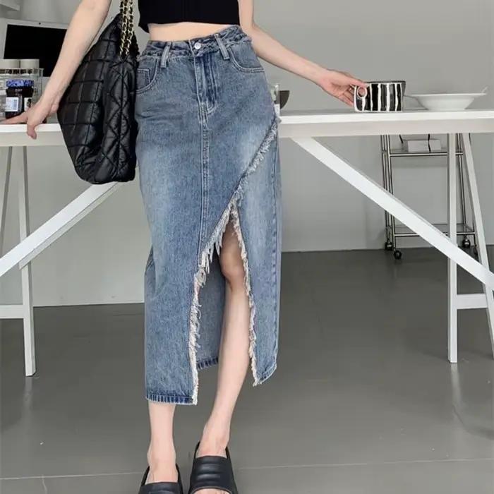 Coréen avant fendu Denim jupe longue femmes 2025 été taille haute une ligne jean jupes femme Streetwear poche une étape