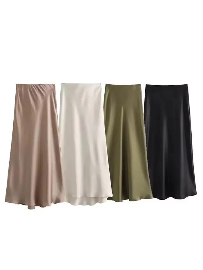 HH femmes élégant solide Satin jupe longue Chic Y2K taille haute jupes minces femme mode soie Texture dames serré