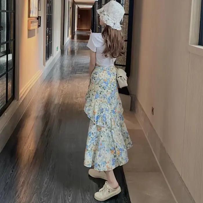 Jupe femme à volants plissée florale Maxi longue à carreaux avec jupes fendues pour femmes en mousseline de soie vêtements plissés été 2025 Vintage pas cher V