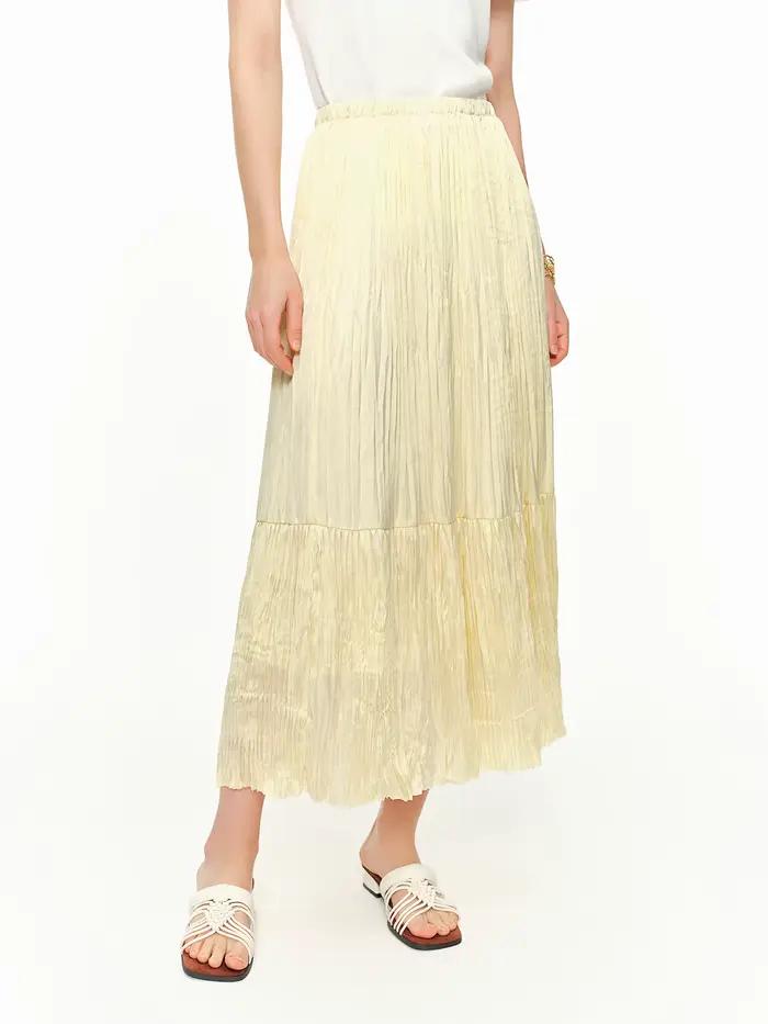 DUSHU 2026 Nouvelle jupe plissée mi-longue évasée pour femme, jupe fluide en mousseline à volants taille haute pour un style coquette et luxe discret