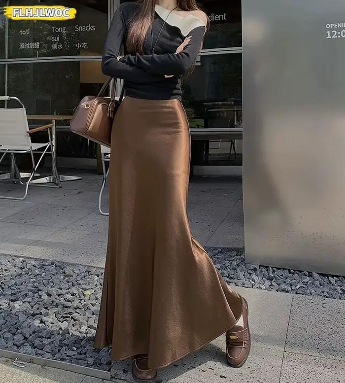 2025 Dernière jupe sirène lumineuse de style coréen parfaite pour minceur façonnant femme automne printemps taille haute sexy longues jupes maxi