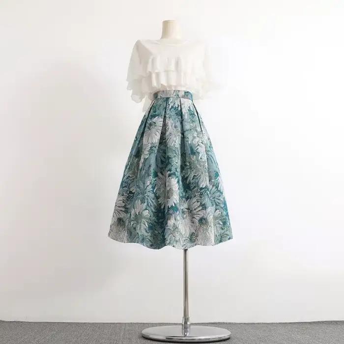 Bleu ciel peinture florale Chic taille haute robe de bal a-ligne jupe ample pour femmes longueur aux genoux jupes