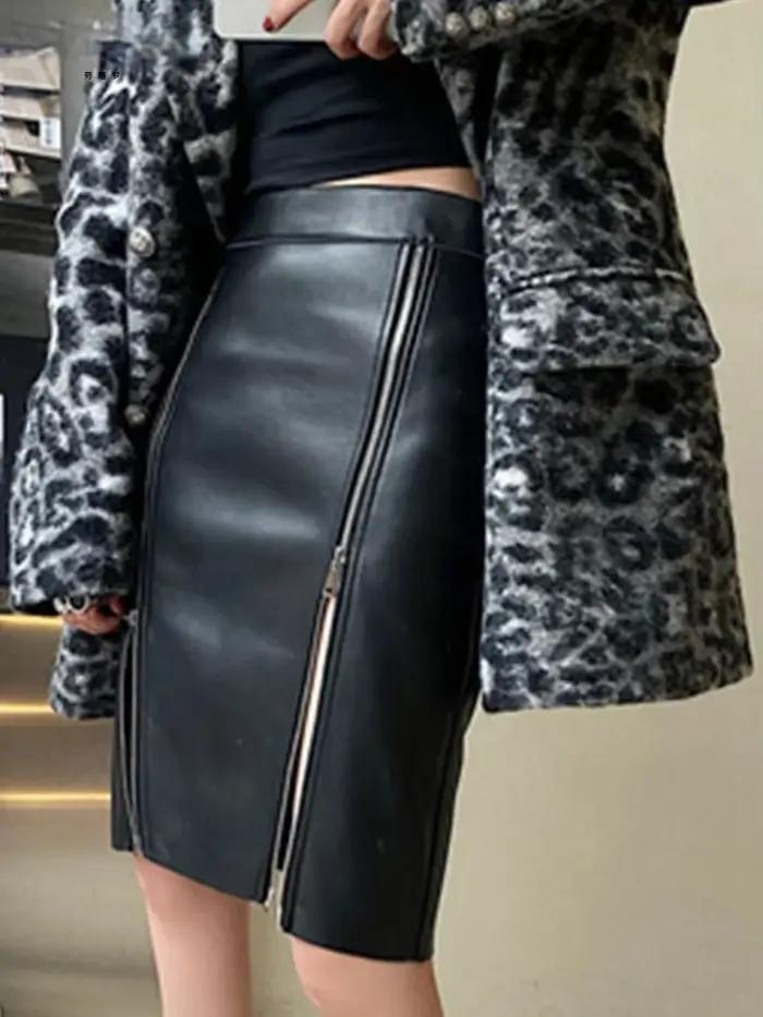 Jupe mi-longue Vintage en Faux cuir noir pour femmes
