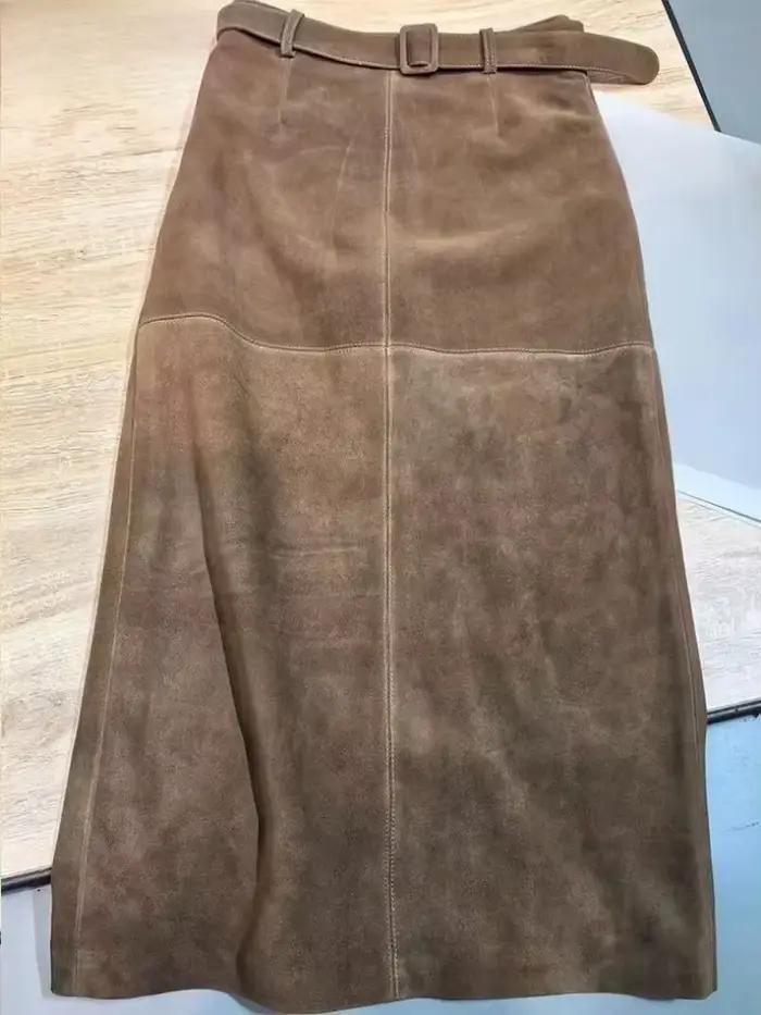 Jupes longues rétro en daim et cuir véritable pour femmes