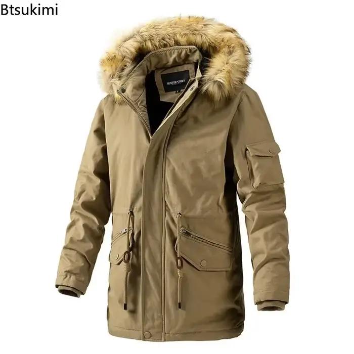 Vestes longues chaudes d'hiver 2026 pour hommes, manteaux en polaire chauds, vestes à capuche avec col en fourrure, vêtements coupe-vent pour hommes, parkas d'hiver pour hommes