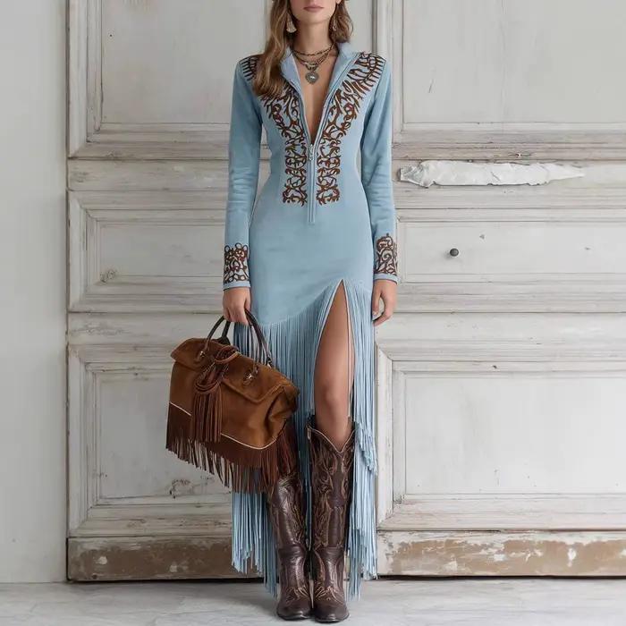 Robe longue à fermeture éclair de style ethnique rétro pour femme, jupe midi, tenue décontractée pour le travail, la danse, les soirées, la ville et les trajets quotidiens