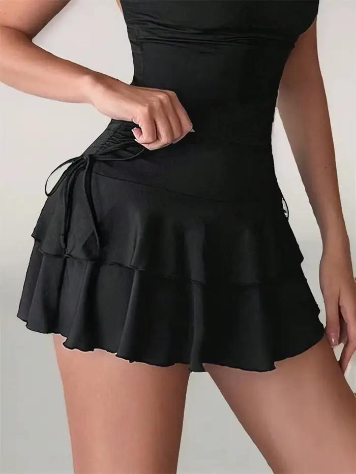 Mini-jupe pour femme taille basse couleur unie à volants